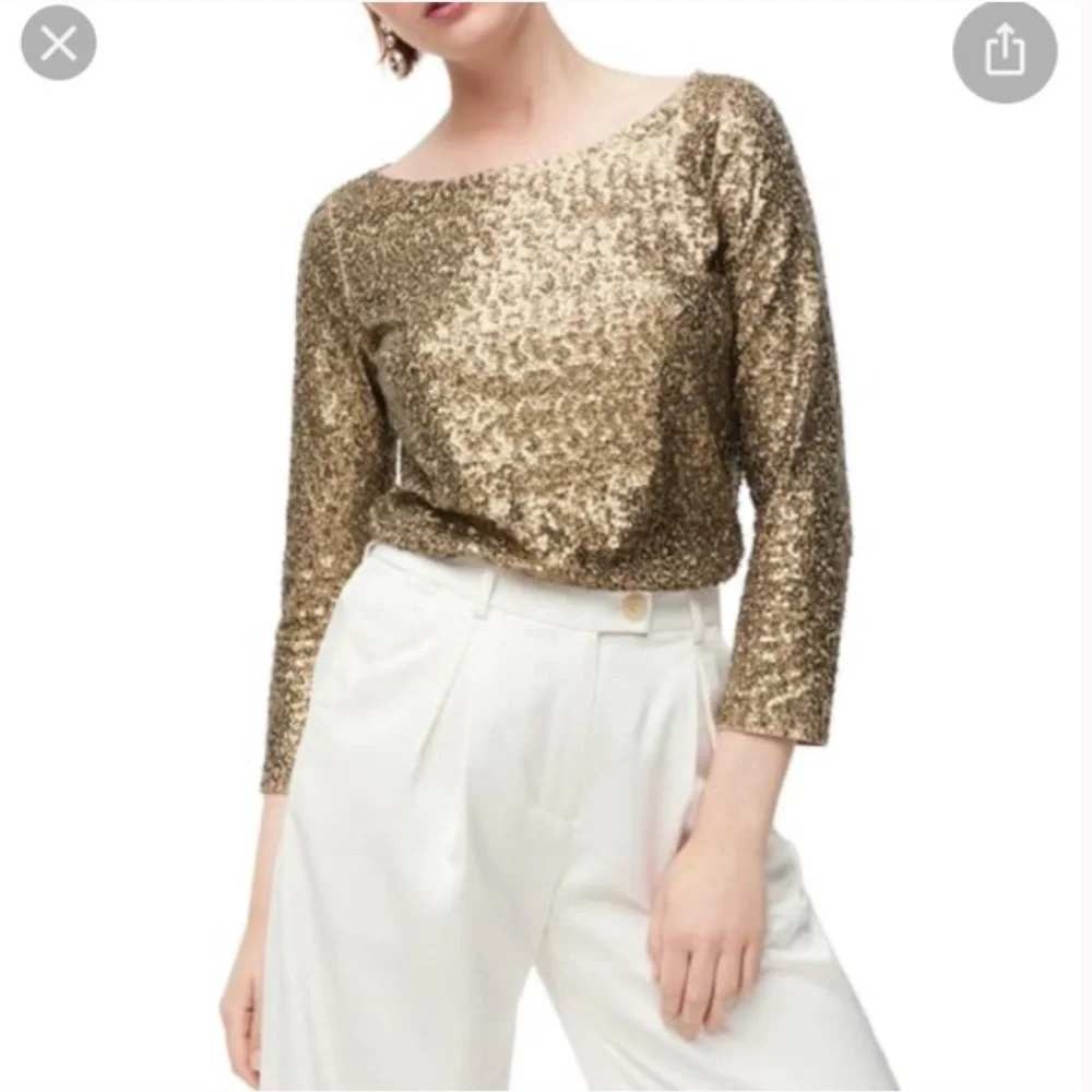 J. Crew Sequin Shirt Boat Neck 3/4 Sleeves Size XS Women Gold Christmas Top